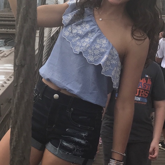 American Rag One Shoulder Ruffle Blue Crop Top - Picture 6 of 6